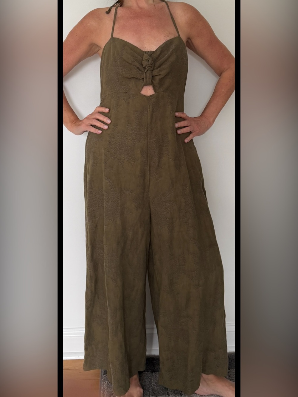 Anthropologie Olive Green Halter Wide-Leg Jumpsuit